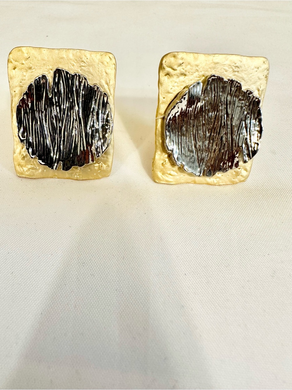 VTG Gold and Silver Textured Square Statement Earrings (Clips)